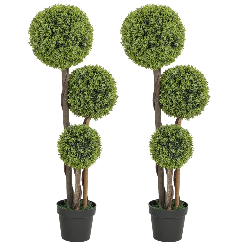 HOMCOM 45 Inch Potted Fake Plant Set of 2, Artificial Boxwood Topiary Tree, Triple Ball Tree for Indoor and Outdoor, Green