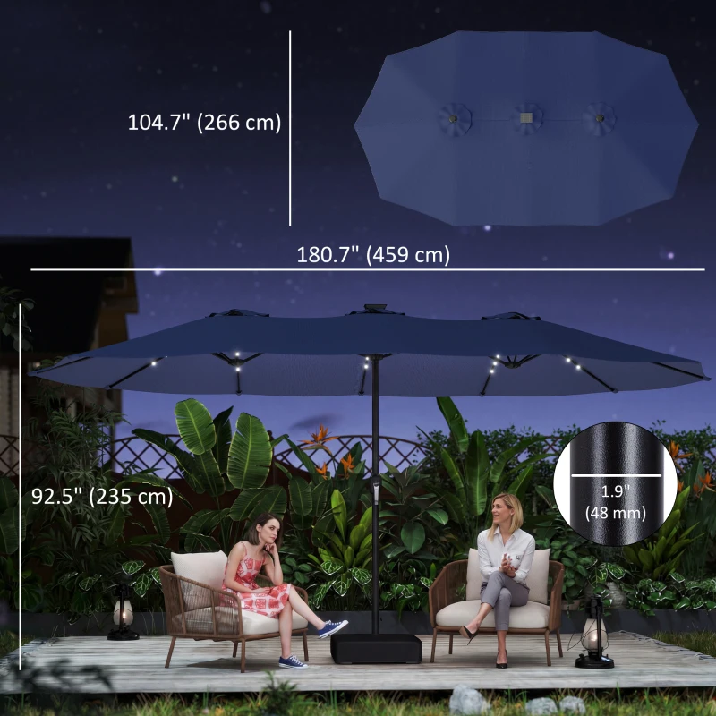 Outsunny Double-sided Patio Umbrella with Base Included & 48 LED Lights 15ft Dark Blue