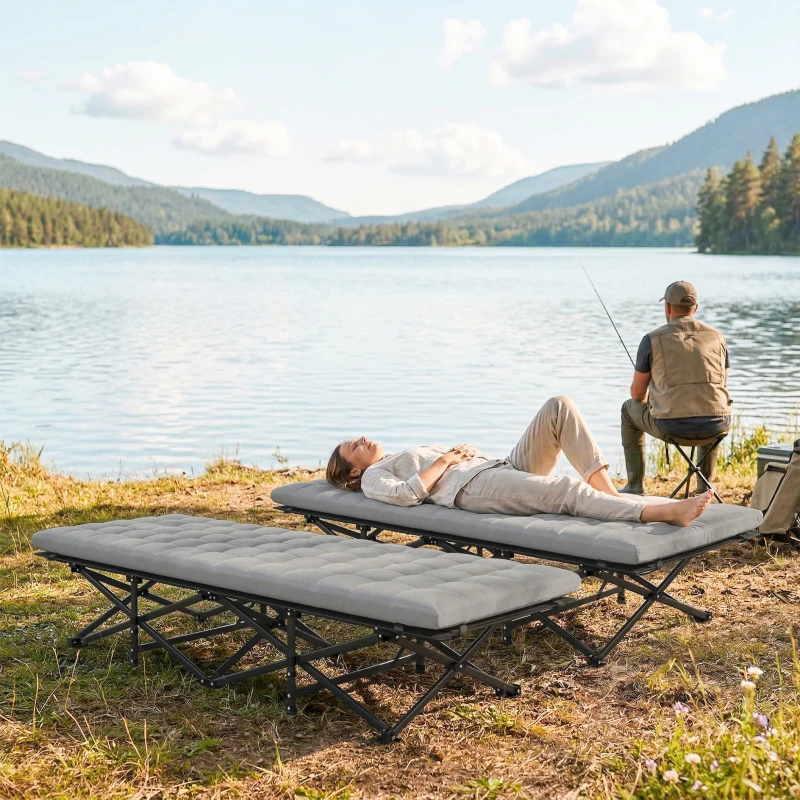 Outsunny Set of 2 Camping Cot with Soft Pad, 32" Extra Wide Folding Cots with Non-Slip Feet and Carry Bag, Grey