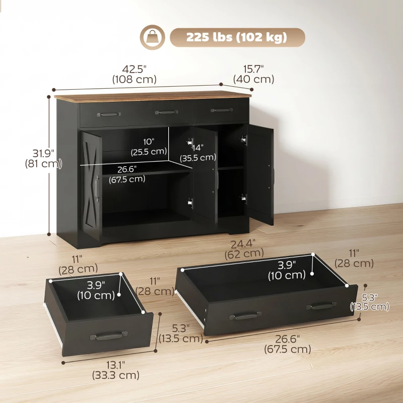 HOMCOM Sideboard Buffet Cabinet, 43" Farmhouse Kitchen Cabinet with 3 Barn Doors, 2 Drawers, 2 Adjustable Shelves, Black