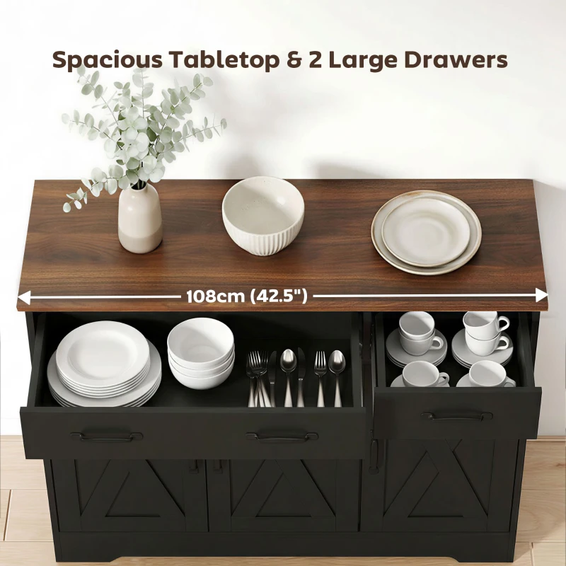 HOMCOM Sideboard Buffet Cabinet, 43" Farmhouse Kitchen Cabinet with 3 Barn Doors, 2 Drawers, 2 Adjustable Shelves, Black