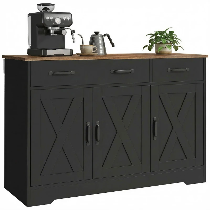 HOMCOM Sideboard Buffet Cabinet, 43" Farmhouse Kitchen Cabinet with 3 Barn Doors, 2 Drawers, 2 Adjustable Shelves, Black