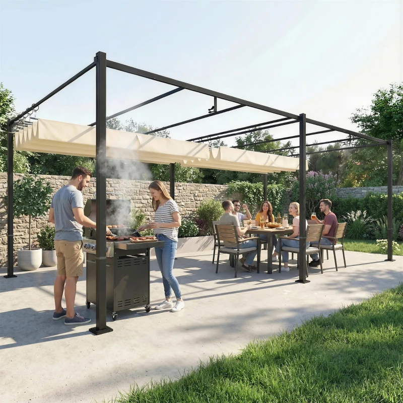 Outsunny 19' x 10' Pergola with Retractable Canopy, Patio Pergola with Sun Shade Shelter, UV50+, for Patio, Garden, Cream