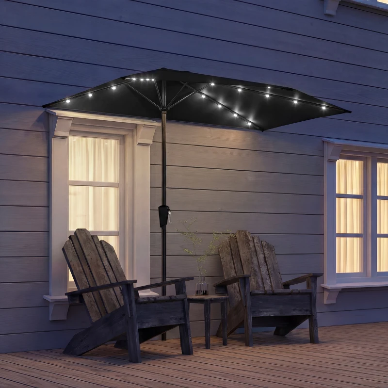 Outsunny Half Outdoor Patio Umbrella with Solar LED Lights Half Umbrella with Crank 105.1" x 53.5" Black