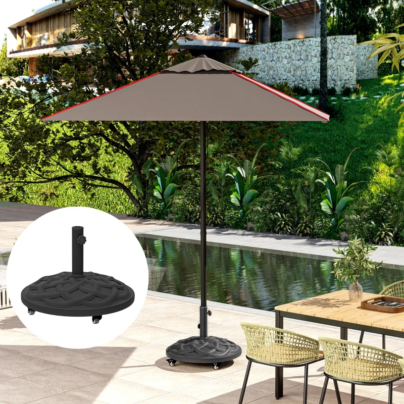 Outsunny Round Patio Umbrella Base with Wheels, 44 lbs Resin Umbrella Stand Base, 1.3"/1.5"/1.9" Umbrella Poles Black