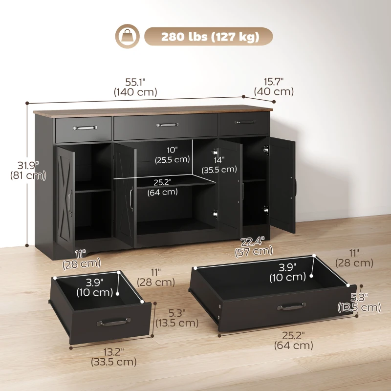 HOMCOM Sideboard Buffet Cabinet, 55" Farmhouse Kitchen Cabinet with 4 Barn Doors, 3 Drawers, 3 Adjustable Shelves, Black