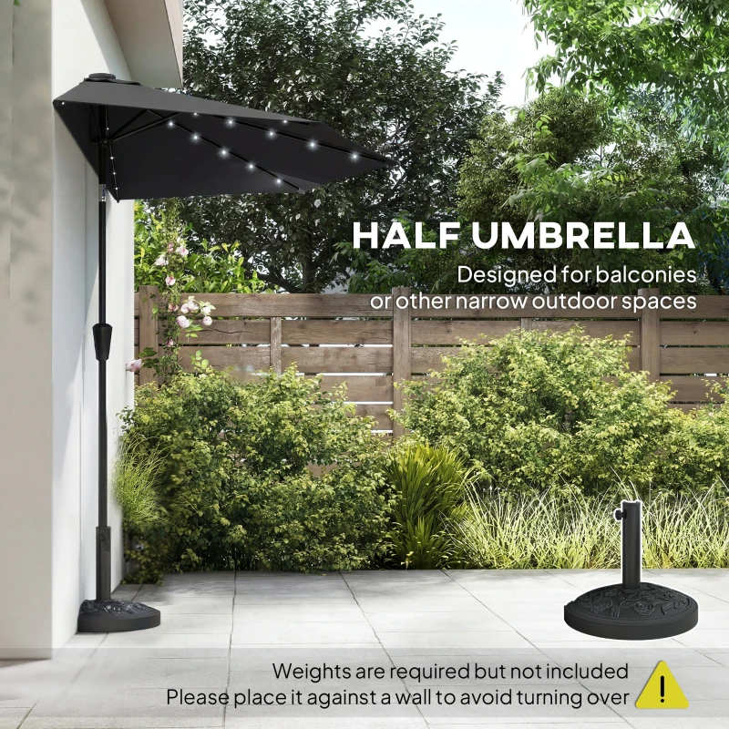 Outsunny Half Outdoor Patio Umbrella with Solar LED Lights Half Umbrella with Crank 105.1" x 53.5" Black