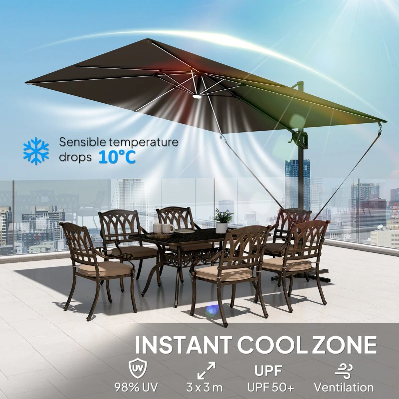 Outsunny 10 x 9.7 ft Offset Cantilever Patio Umbrella with Lights, Wind Rope, UPF50+ Outdoor Cantilever Parasol, Dark Grey