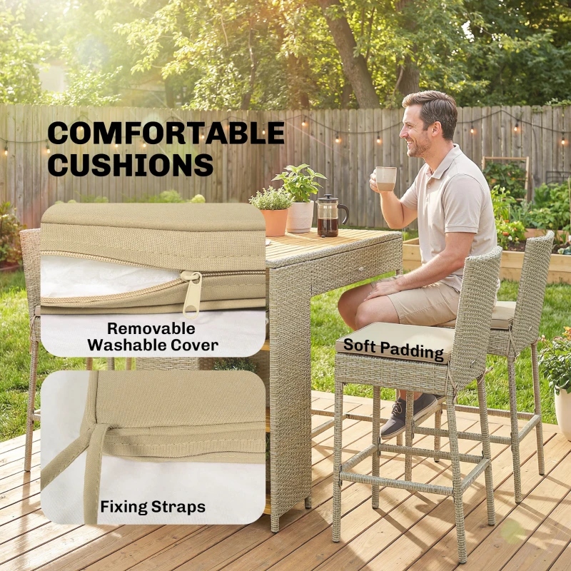 Outsunny 5 Piece Wicker Outdoor Bar Set, Acacia Wood Outdoor High Top Table and Chairs with 3 Tier Shelves, Cushions, Brown