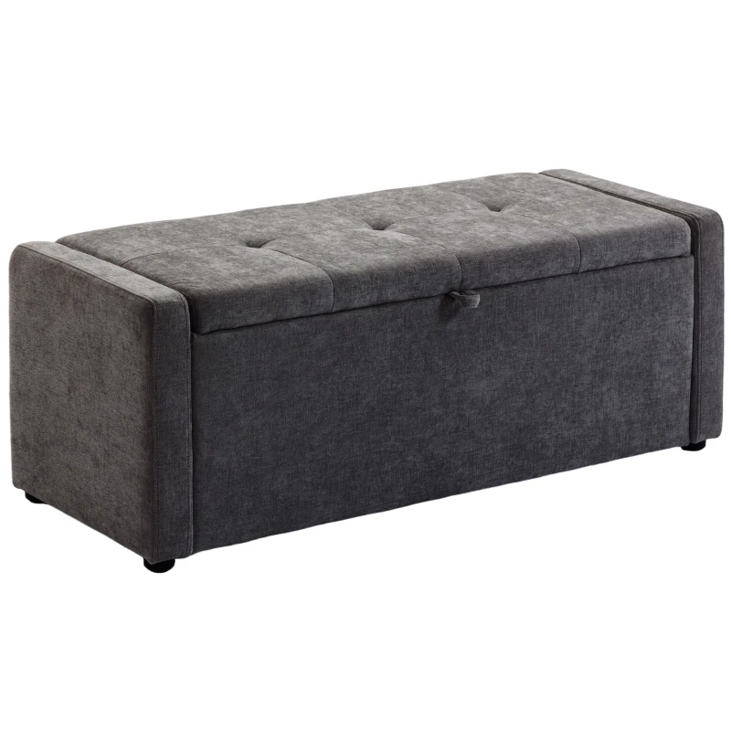 HOMCOM Storage Ottoman Bench, Linen-Look Fabric Upholstered Ottoman with Storage, Wide Padded Seat, Dark Grey
