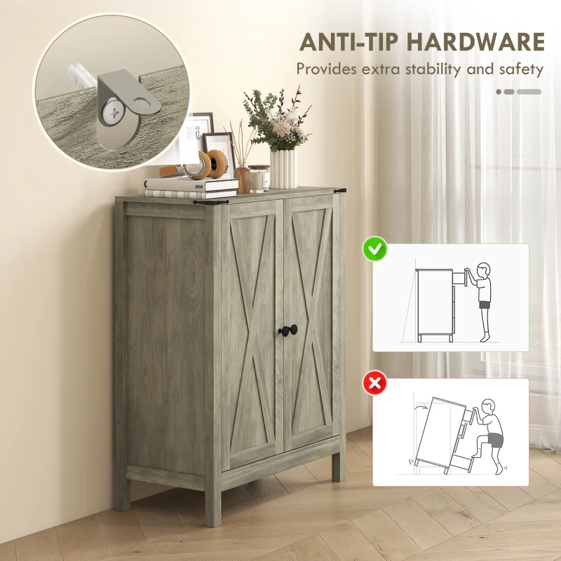 HOMCOM Shoe Cabinet with Barn Doors, Farmhouse Shoe Storage Cabinet with Adjustable Shelves, Holds up to 15 Pairs, Grey