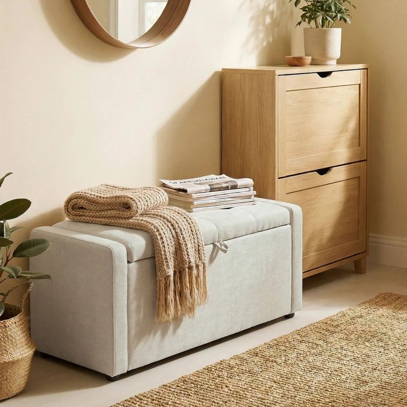 HOMCOM Storage Ottoman Bench, Linen-Look Fabric Upholstered Ottoman with Storage, Wide Padded Seat, Cream White