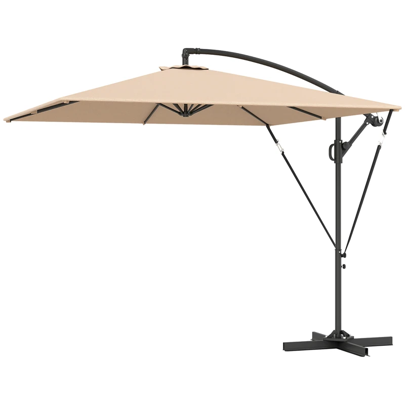 Outsunny Patio Offset Umbrella UPF 50+ UV Protection, Crank Parasol with Base, Cover & Wind Securing, Khaki