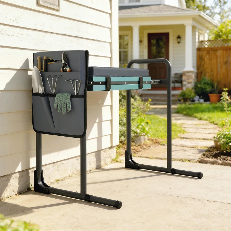 Outsunny Garden Kneeler and Seat, Heavy Duty Foldable Gardening Stool with Thicker Soft Kneeling Pad, Extendable Steel Legs