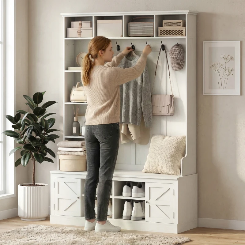 HOMCOM Hall Tree with Bench and Shoe Storage, Entryway Bench with Coat Rack, 12 Shelves, 2 Cabinets, 5 Hooks, White Wood Grain