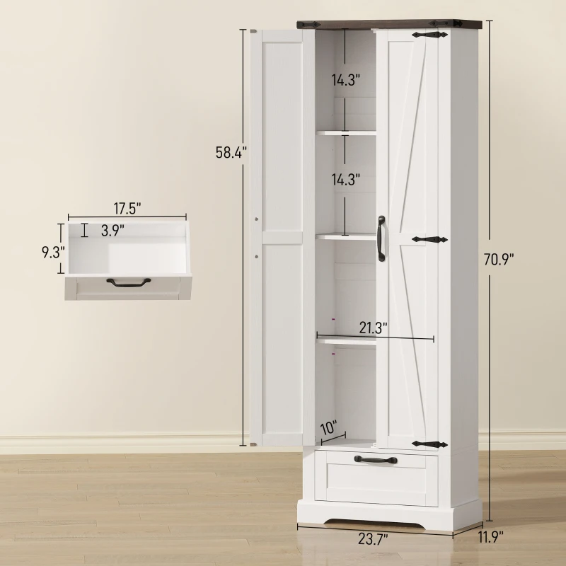 HOMCOM 71" Pantry Cabinet, Kitchen Storage Cabinet with Adjustable Shelves, Barn Doors and Drawer for Dining Room, White