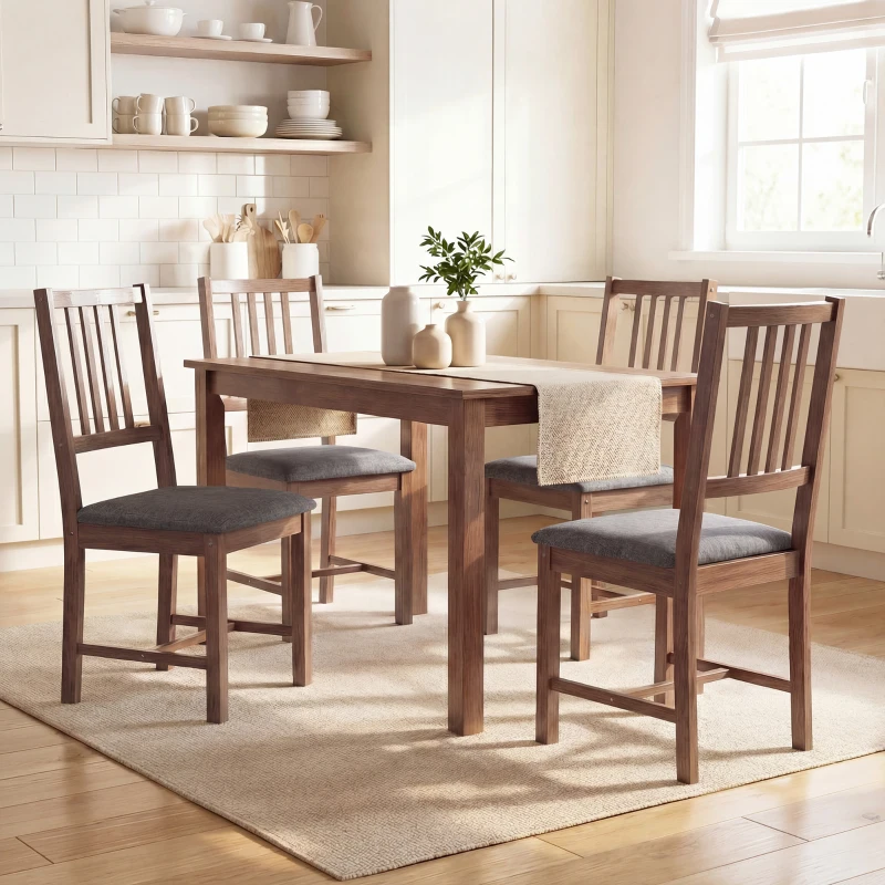 HOMCOM Set of 4 Dining Chairs, Upholstered Dining Room Chairs with Rubberwood Legs and Slat Backrest for Kitchen, Gray