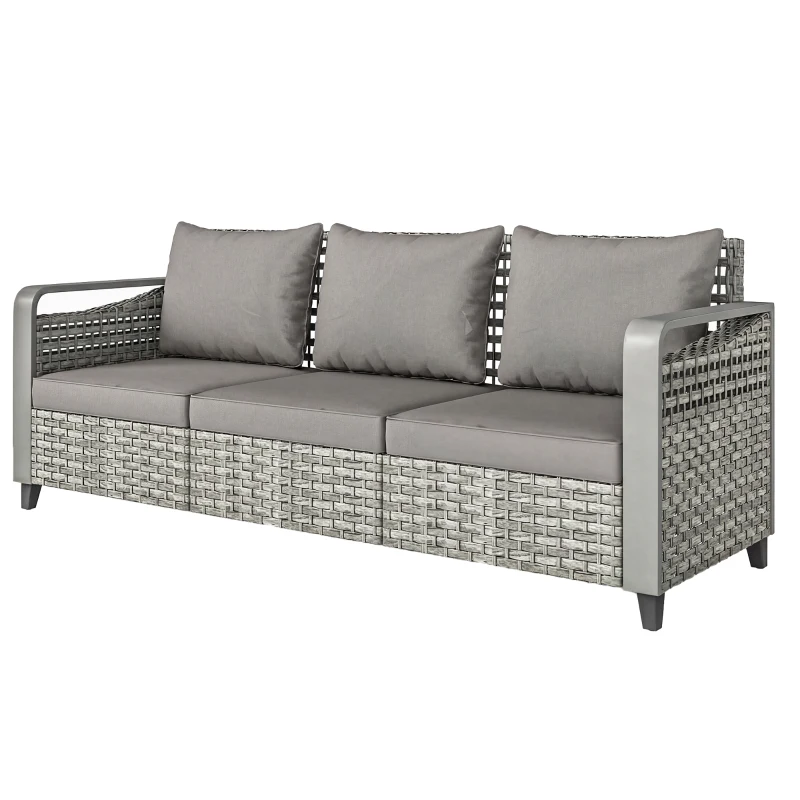 Outsunny Rattan Wicker Sofa 3-Seater Outdoor Couch with Cushions for Patio Garden Grey