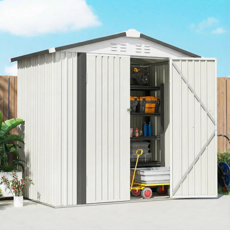 Outsunny 6.5' x 4'  Outdoor Storage Shed, Metal Garden Shed with Lockable Double Doors, 4 Vents, Silver-White