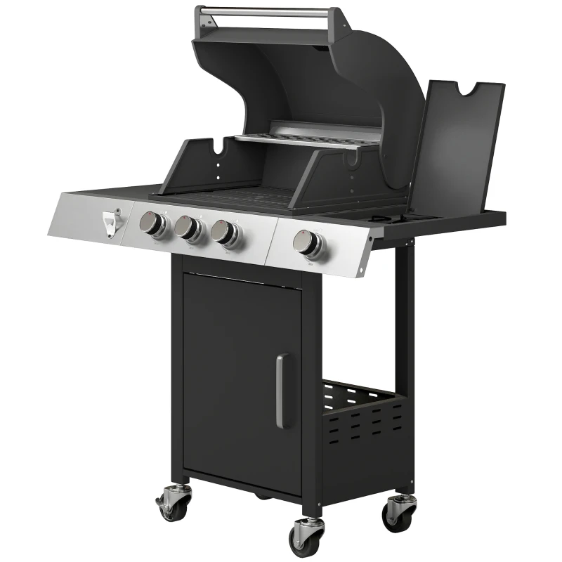 Outsunny 3 Burner Propane Gas Grill with Side Burner, 36,000 BTU BBQ Grill with Cast Iron Grates, Wheels, Warming Rack, Cabinet