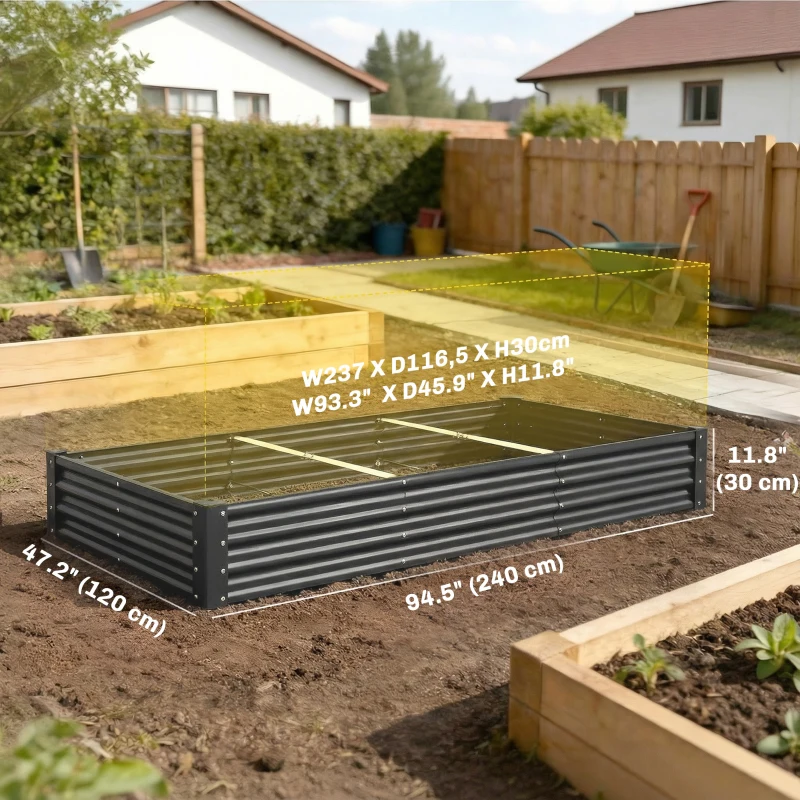 Outsunny 8 x 4 x 1ft Galvanized Raised Garden Bed, Reinforced Outdoor Planter Box with Open Bottom, Dark Grey