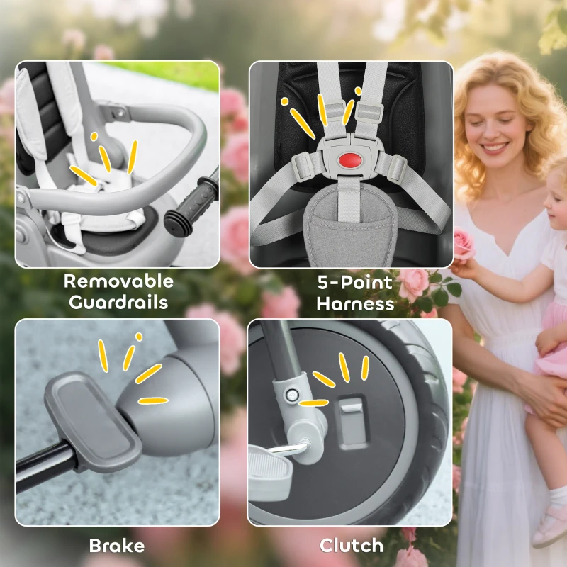 Qaba 6 in 1 Kids Tricycle with Adjustable Push Handle, Removable Canopy, Reversible Seat, for 1-5 Years, Gray