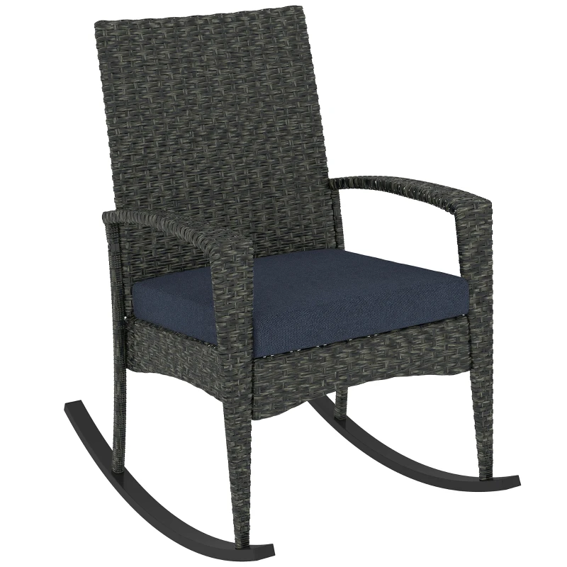 Outsunny Outdoor Rocking Chair, Patio Wicker Chair Removable Cushion, High Back and Armrests for Porch Balcony, Navy Blue