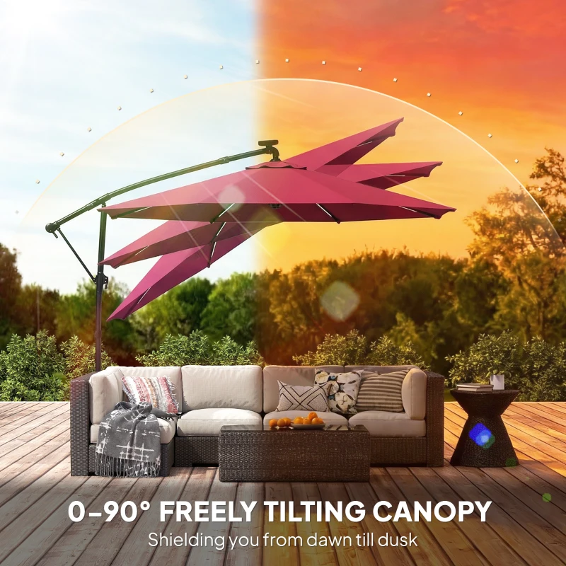 Outsunny 10 ft Offset Patio Umbrella with Solar Light, Garden Hanging Parasol with 360° Rotation, Tilt, Cover, Wine Red