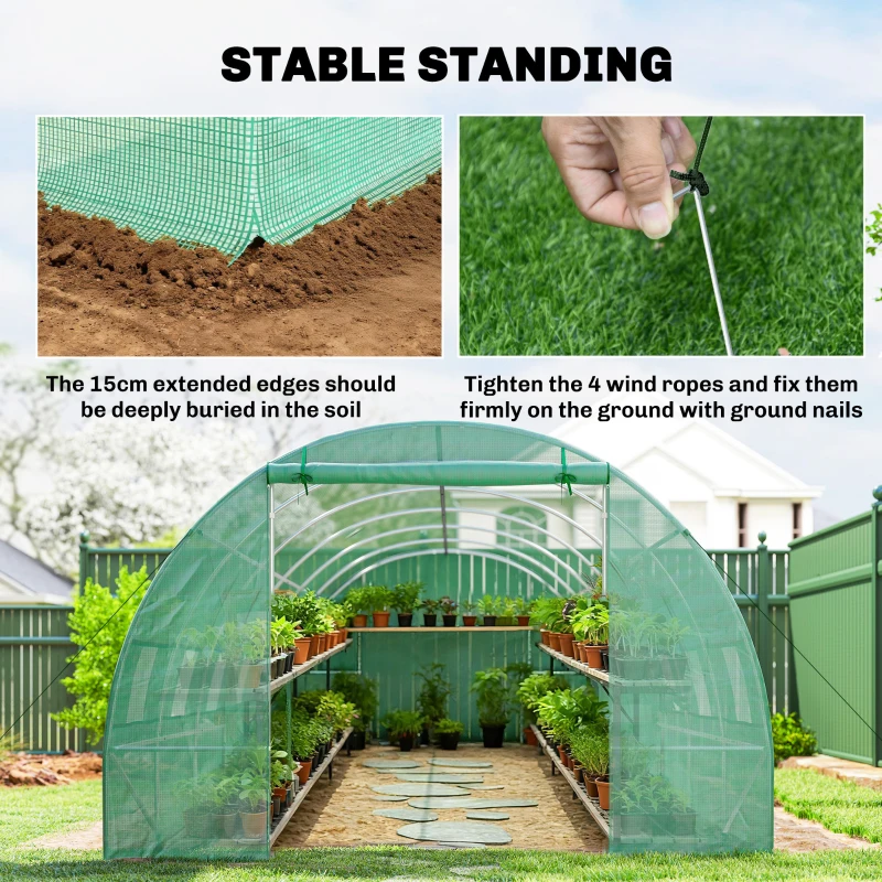 Outsunny 26' x 10' x 6.6' Walk-in Tunnel Hoop Greenhouse, PE Cover, Steel Frame, Roll-Up Zipper Door & 12 Mesh Windows for Flowers, Vegetables, Tropical Plants, Light Green