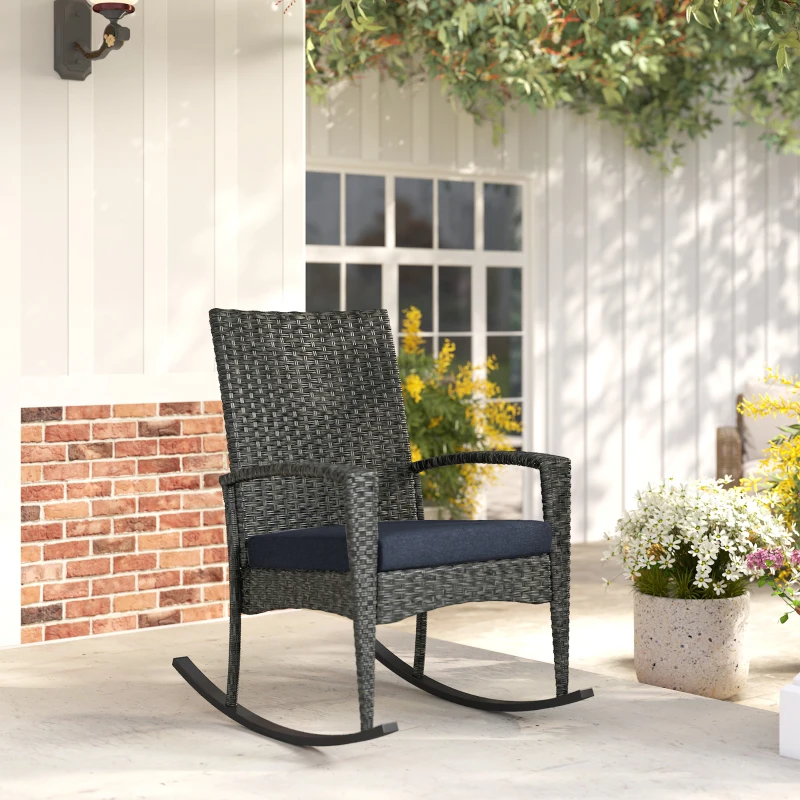 Outsunny Outdoor Rocking Chair, Patio Wicker Chair Removable Cushion, High Back and Armrests for Porch Balcony, Navy Blue