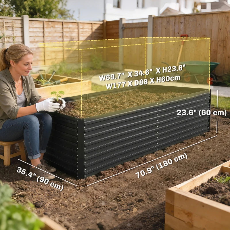 Outsunny Set of 2 Galvanised Raised Garden Bed, 6 x 3 x 2 ft Metal Garden Bed with Safe Edging, Dark Grey