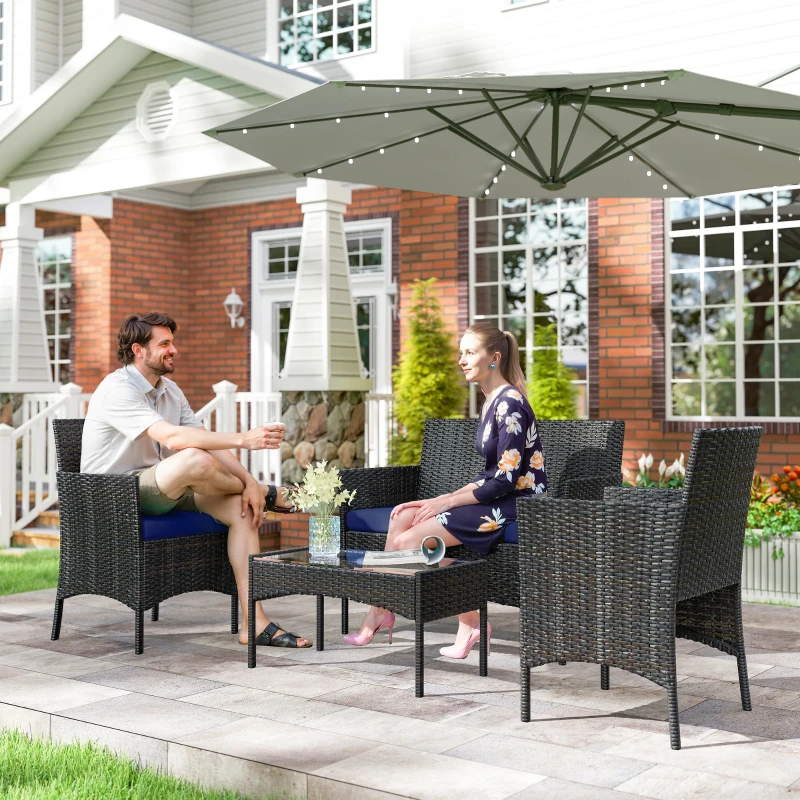 Outsunny 4 Pieces Wicker Outdoor Balcony Furniture Set Rattan Patio Furniture Set with Loveseat Chairs Glass Coffee Table Navy Blue