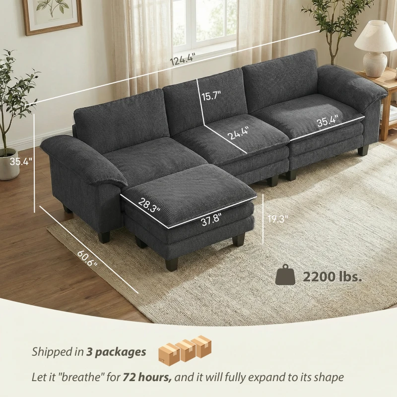 HOMCOM Sectional Sofa, L Shaped Couch with Deep Seat, Movable Ottoman and Pillow-top Armrests, Dark Gray