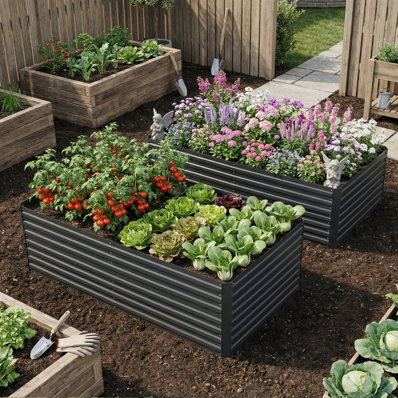 Outsunny Set of 2 Galvanised Raised Garden Bed, 6 x 3 x 2 ft Metal Garden Bed with Safe Edging, Dark Grey