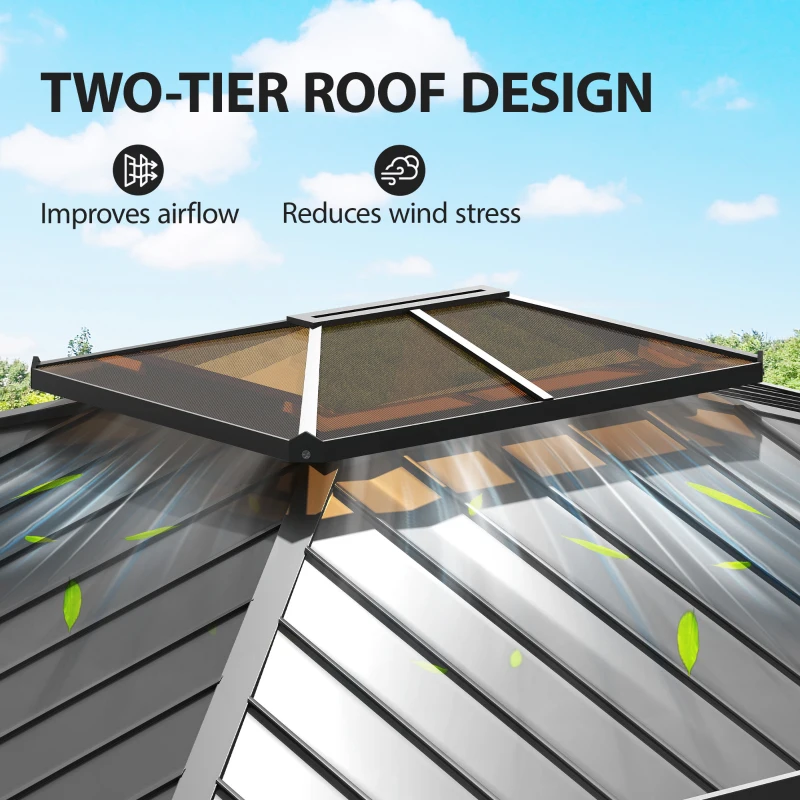 Outsunny 12' x 14' Hardtop Gazebo Canopy with Galvanized Steel Roof, Wood Frame, Double Roof Outdoor Gazebo, Light Walnut