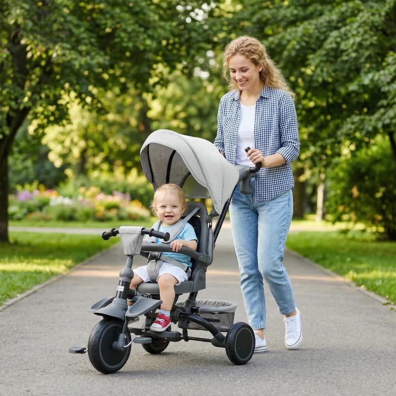 Qaba 6 in 1 Kids Tricycle with Adjustable Push Handle, Removable Canopy, Reversible Seat, for 1-5 Years, Gray