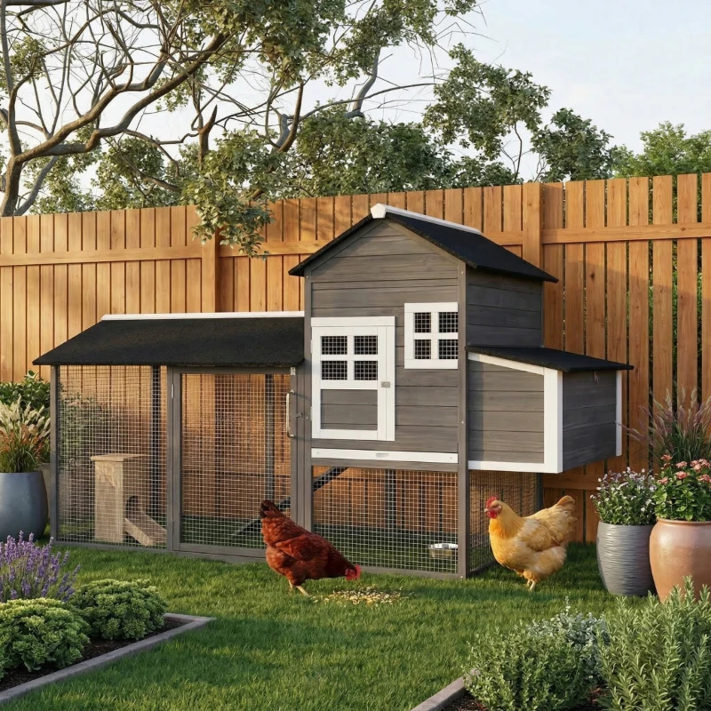 PawHut 84" Wooden Chicken Coop, Hen House Outdoor with Run Nesting Box, Asphalt Roof, Removable Tray, Ramp, Poultry Cage for 2-3 Chickens, Gray(m-2)