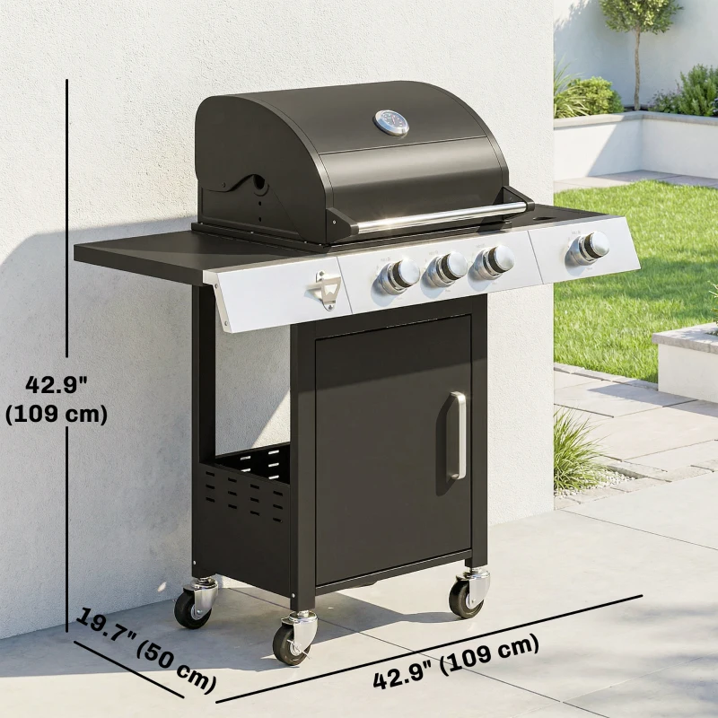 Outsunny 3 Burner Propane Gas Grill with Side Burner, 36,000 BTU BBQ Grill with Cast Iron Grates, Wheels, Warming Rack, Cabinet