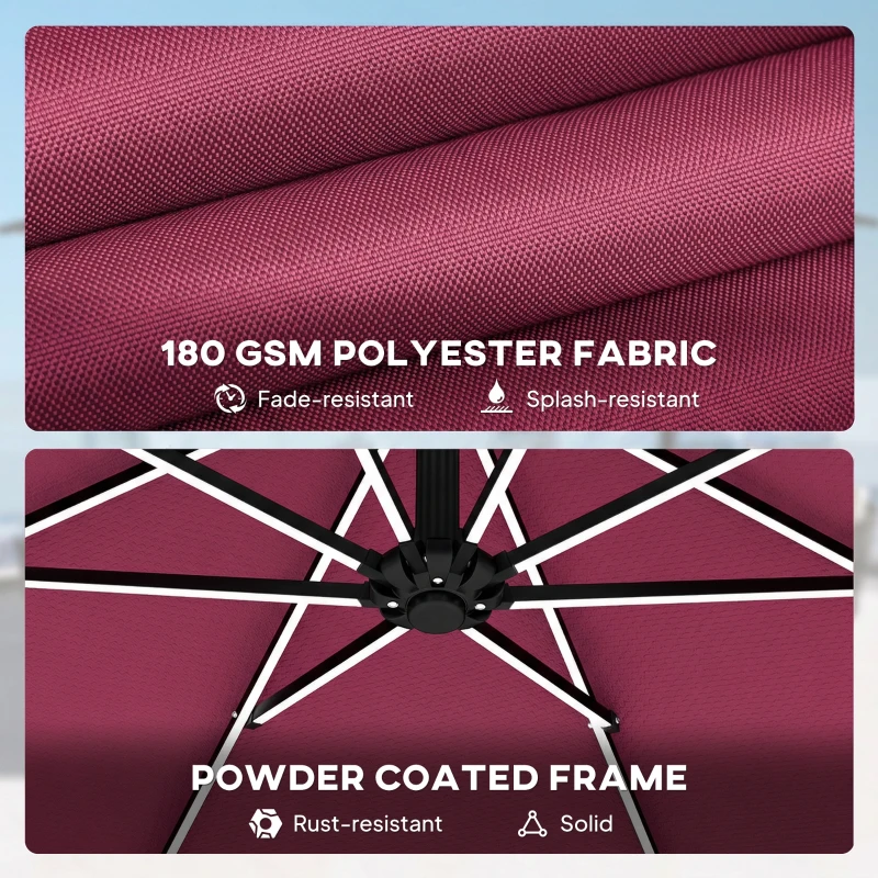 Outsunny 10 ft Offset Patio Umbrella with Solar Light, Garden Hanging Parasol with 360° Rotation, Tilt, Cover, Wine Red