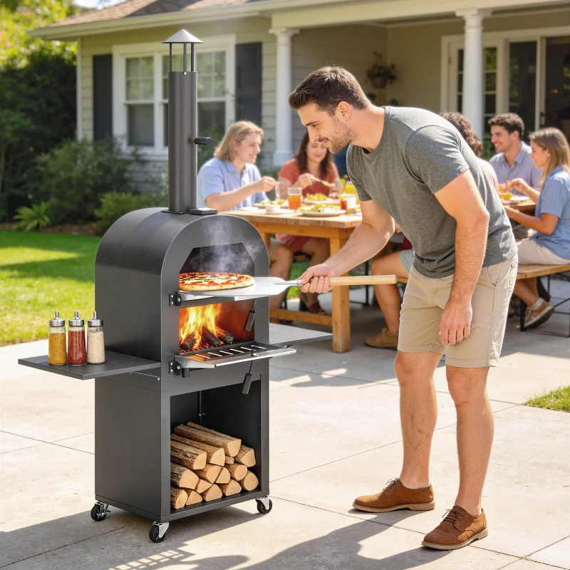 Outsunny Outdoor Wood Fired Pizza Oven with Side Shelves and Open Cabinet, Pizza Maker on Wheels with Thermometer, Stone, Peel
