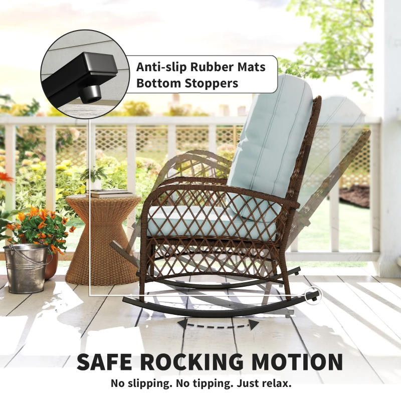 Outsunny Outdoor Wicker Rattan Rocking Chair Patio Rocker with Thick Cushions for Garden Backyard Porch, Light Green