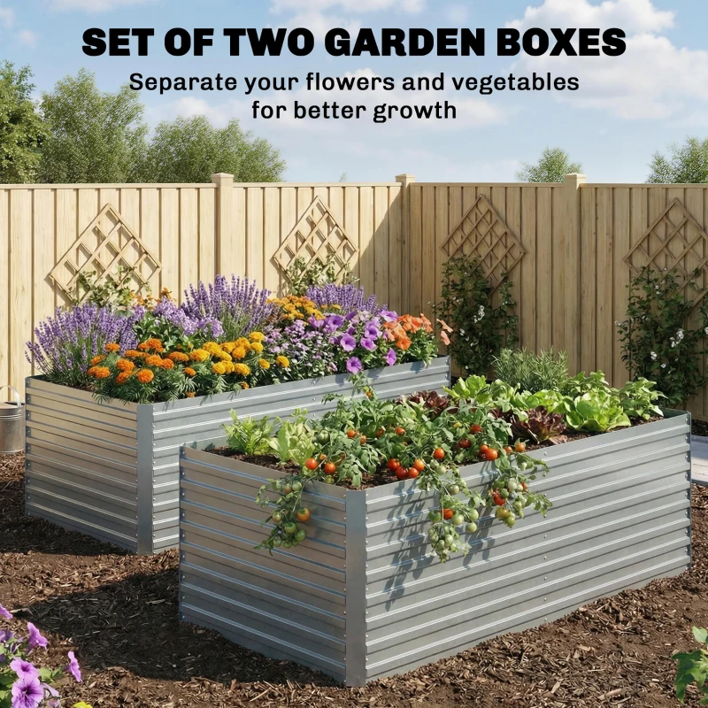 Outsunny Set of 2 Galvanised Raised Garden Bed, 6 x 3 x 2 ft Metal Garden Bed with Safe Edging, Silver