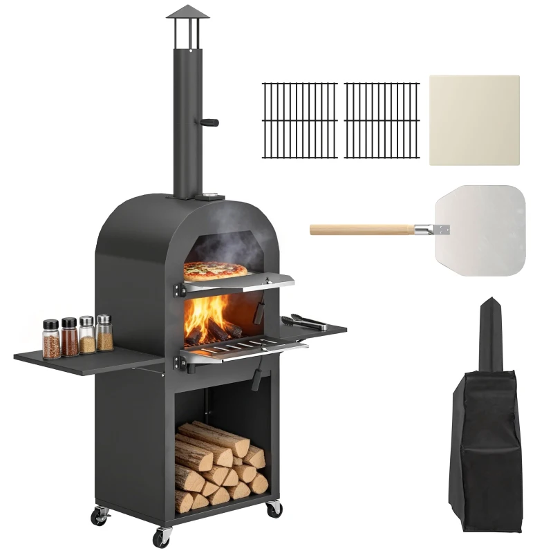 Outsunny Outdoor Wood Fired Pizza Oven with Side Shelves and Open Cabinet, Pizza Maker on Wheels with Thermometer, Stone, Peel