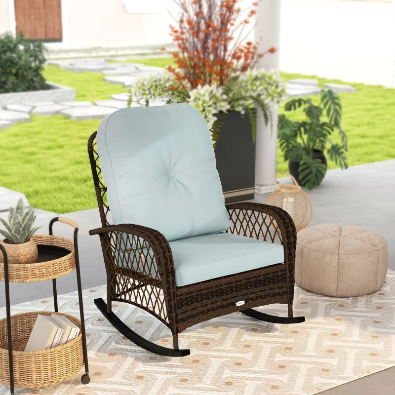 Outsunny Outdoor Wicker Rattan Rocking Chair Patio Rocker with Thick Cushions for Garden Backyard Porch, Light Green