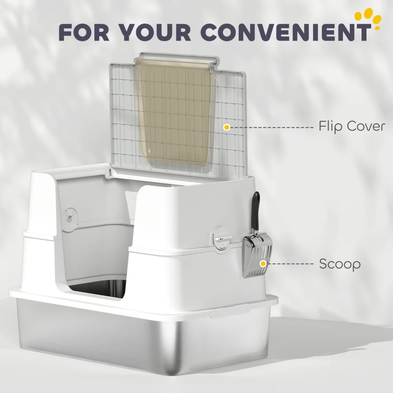 PawHut XL Stainless Steel Litter Box with Lid, Extra Large Covered Cat Litter Box for Indoor Kittens with Filp Top, Scoop