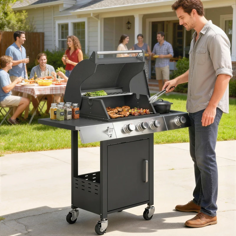 Outsunny 3 Burner Propane Gas Grill with Side Burner, 36,000 BTU BBQ Grill with Cast Iron Grates, Wheels, Warming Rack, Cabinet