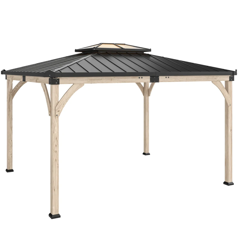 Outsunny 12' x 14' Hardtop Gazebo Canopy with Galvanized Steel Roof, Wood Frame, Double Roof Outdoor Gazebo, Light Walnut