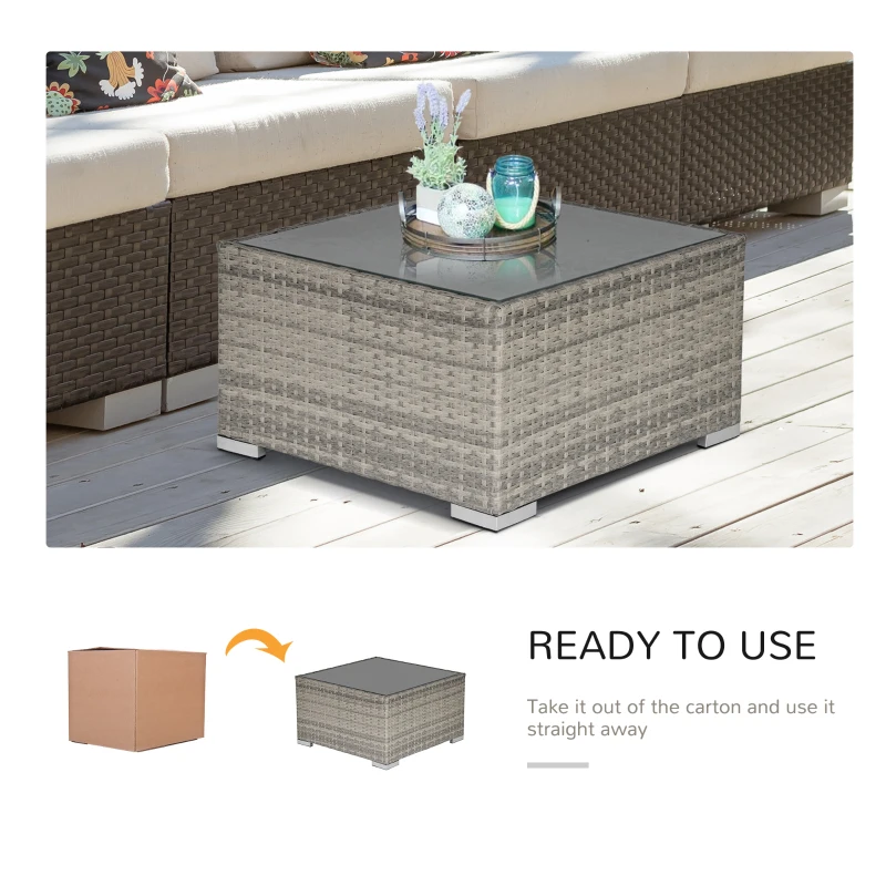 Outsunny Rattan Garden Coffee Table, 25.6" Square Garden Rattan Table with Tempered Glass Top, Grey