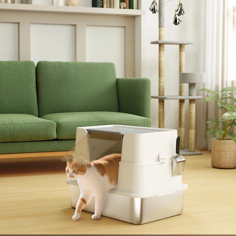 PawHut XL Stainless Steel Litter Box with Lid, Extra Large Covered Cat Litter Box for Indoor Kittens with Filp Top, Scoop