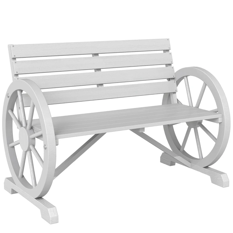 Outsunny 41" Wooden Wagon Wheel Bench, Rustic Outdoor Patio Weather Resistance Furniture, 2-Person Slatted Seat Bench with Backrest, Light Gray